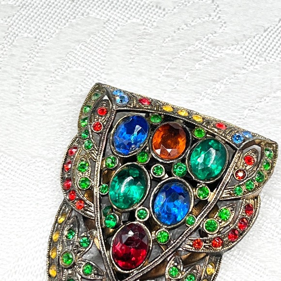 Vintage Deco Old Hollywood Multi Color Rhinestone Pot Metal Dress Clip